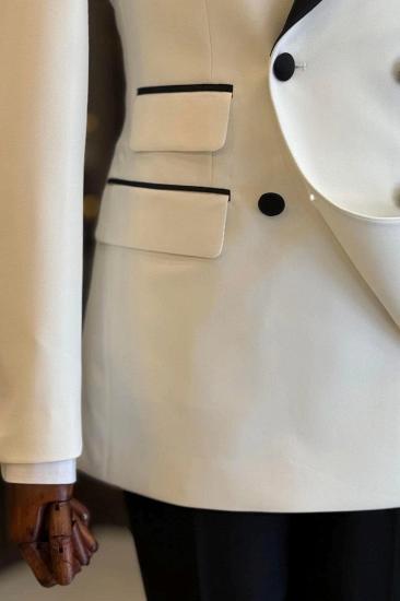 White Double Breasted Black Peak Collar Slim Fit Mens Two Piece Wedding Tuxedo_5
