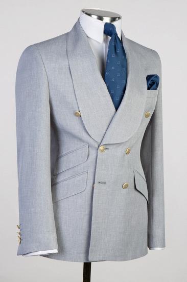 Elegant Grey Shawl Collar Double Breasted Slim Fit Men's Tuxedo | With Metal Buttons_2