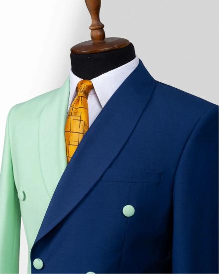 Mint Green And Dark Blue Double Breasted Shawl Collar Slim Mens Two Piece Suit_2