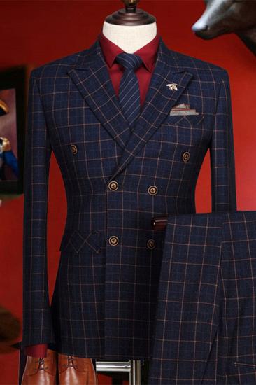 Terry Dark Blue Check Point Lapel Double Breasted Prom Suit