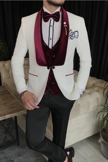 New Arrival White Jacquard Three Pieces Wedding Suit With Velvet Lapel_1