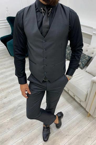 Dark Grey Wool Peak Collar Men's Three Piece Wedding Prom Suit_4