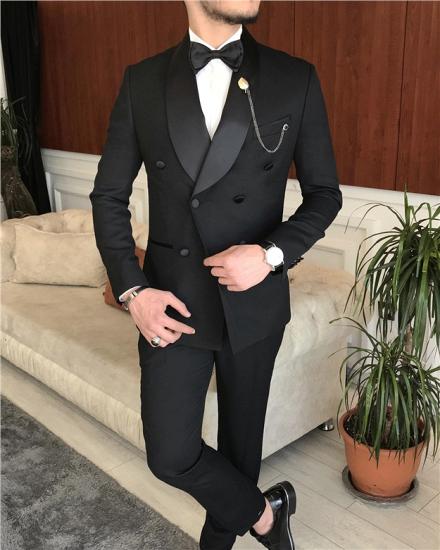 Abner Fashion Black Double Breasted Slim Fit Mens Suit Cape Lapel_4