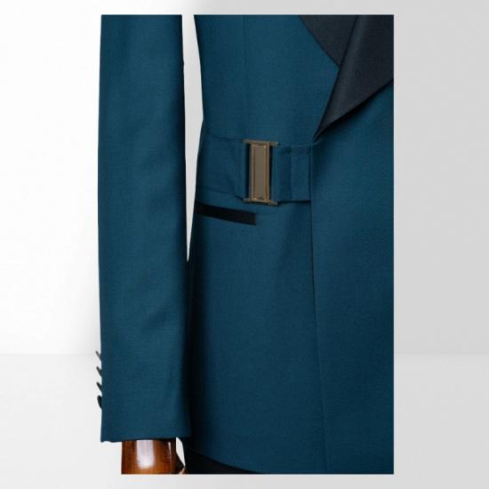 Slim Fit Ocean Blue Shawl Collar Two Piece Suit | Adjustable Metal Buttons_3