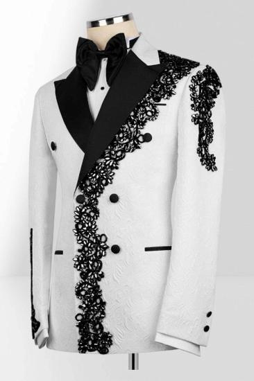 Men's White Double-Breasted Tuxedo with Black Lace Embroidery Two Piece Prom Suit_3