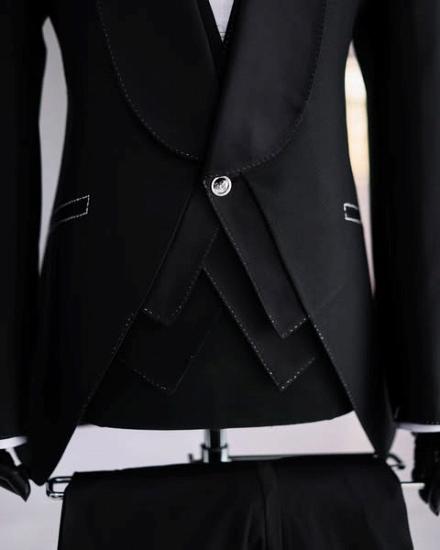 Matthew Simple Black Satin Shawl Lapel 3 Piece Tuxedo Stitch Trim Custom Wedding Suit With Vest Pants_2