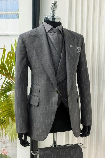 Billy Grey Peak Lapel Three-Piece Striped Business Suit_2