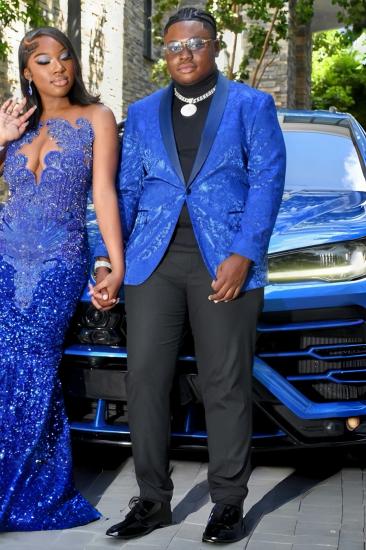 Handsome Blue Jacquard One Button Two Pieces Prom Suits With Satin Lapel_1