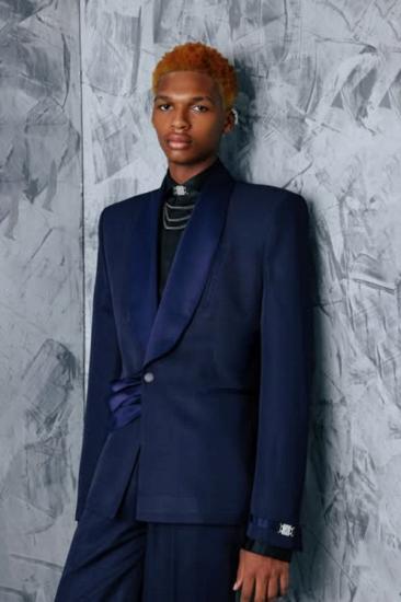Brady Navy Two Piece Prom Suits With Velvet Shawl Lapel And Sash_2