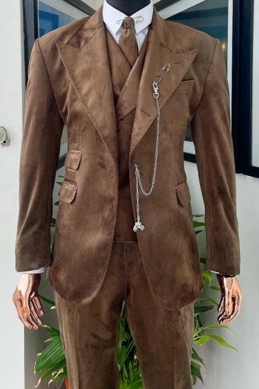 Bespoke Brown Peaked Lapel Three Pieces Velvet Prom Suits_1