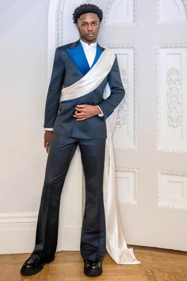 Black Double Breasted Tuxedo With Blue Satin Lapel And White Sash Custom Formal Suit For Wedding Prom Gala_1