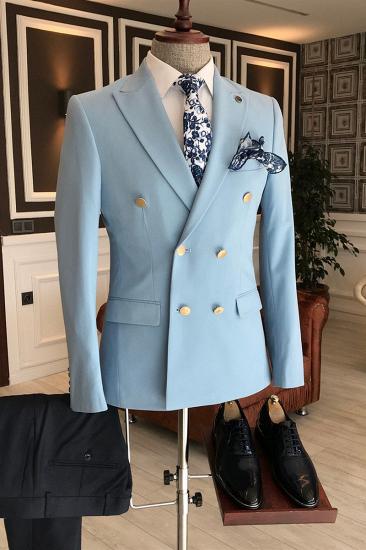 Leo Fashion Sky Blue Double Breasted Mens Formal Business Tailored Suit_2