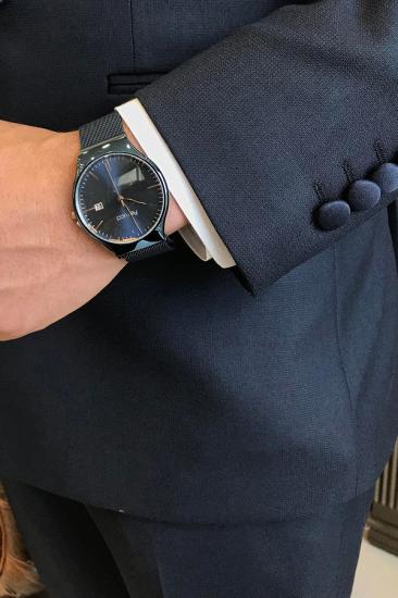 Stylish Dark Blue Shawl Collar Jacket Trousers Suits_4