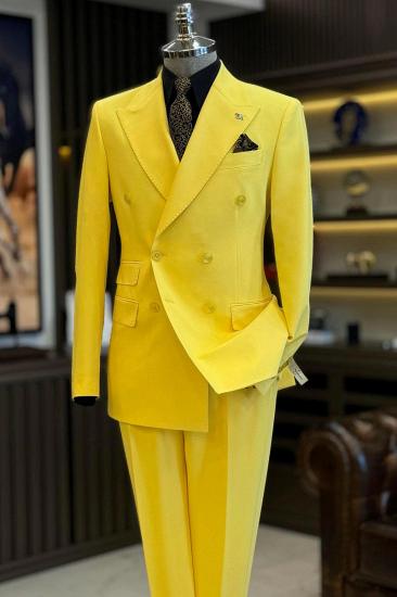 Brady Yellow Double Breasted Peak Collar Slim Fit Mens Two Piece Prom Tuxedo