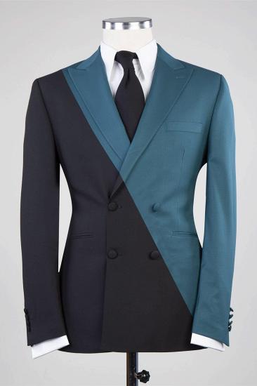 Modern Gray Blue And Black Double Breasted Men Ball Suit With Peak Collar_1