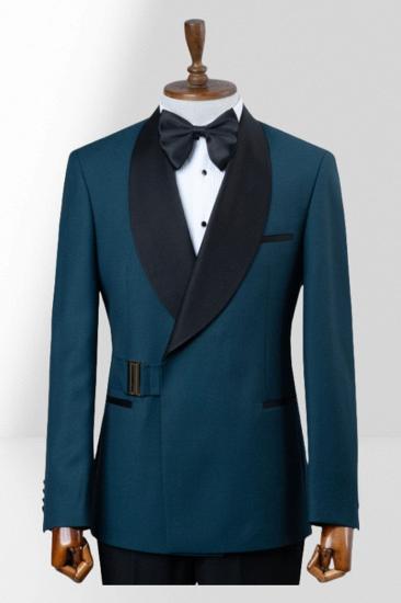 Slim Fit Ocean Blue Shawl Collar Two Piece Suit | Adjustable Metal Buttons