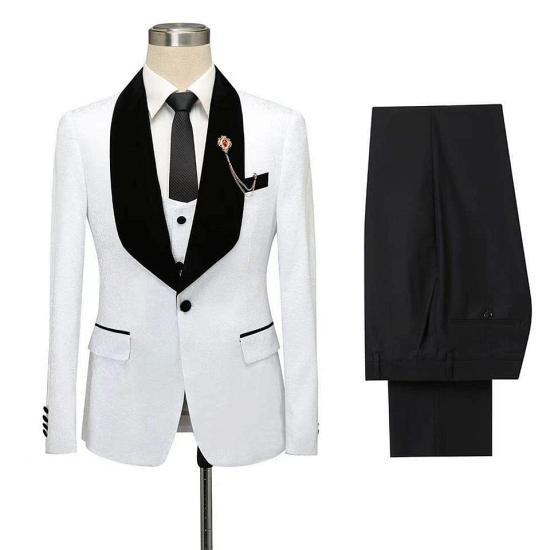 Fernando White Jacquard One Button Wedding Men Suits with Black Lapel_5