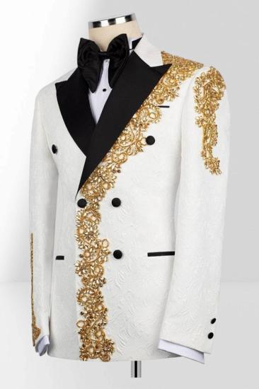 Men's White Double-Breasted Tuxedo with Gold Embroidery Two Piece Prom Suit | Bradymensuit_2
