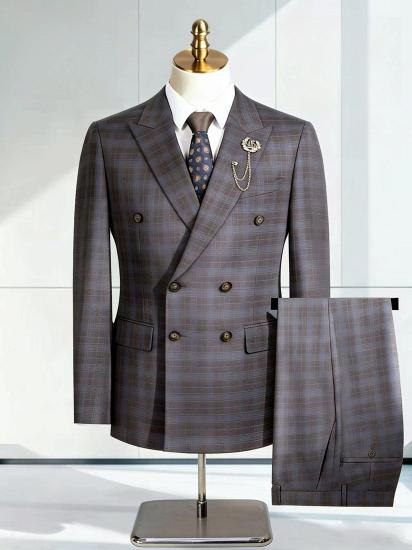 Grey‑Blue Plaid Double‑Breasted Two Piece Men Suit For Business