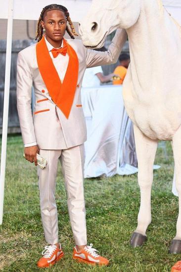 James Light Gray Double Breasted Satin Prom Suit Orange Shawl Lapel | Bradymensuit_2