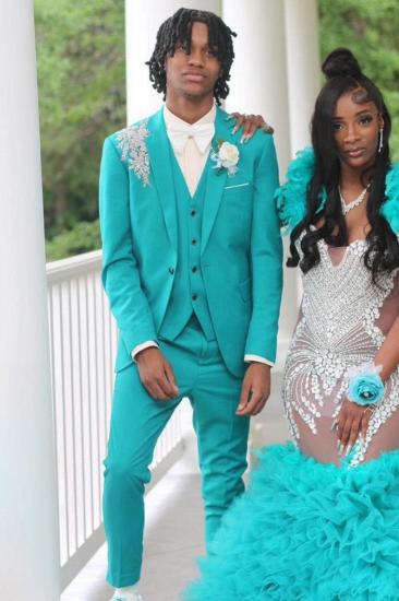 Handsome Teal Notched Lapel Appliques Three Pieces Prom Suits_1