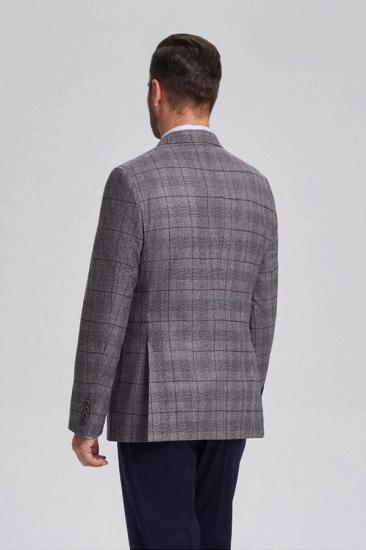 Men Elegant Grey Plaid Double Breasted Blazer With Flap Pockets_3