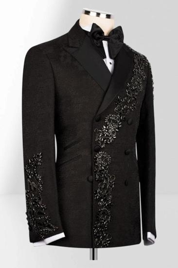 Men's Black Double-Breasted Tuxedo with Beaded Embroidery Prom Suit | Bradymensuit_2