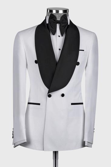 White Double Breasted Flap Wool Blend Shawl Collar Men Wedding Suit_1
