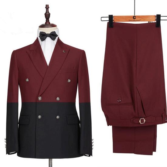 Emmanuel Stylish Burgundy and Black Double Breasted Point Lapel Men for Prom_5