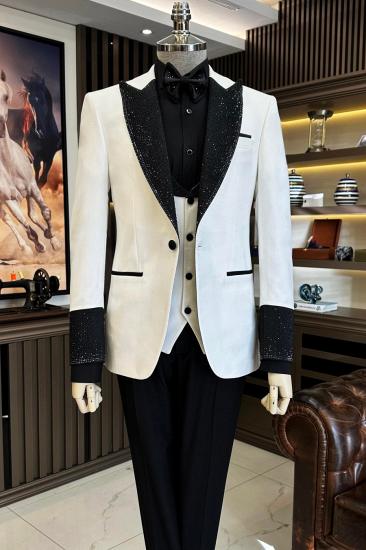 Three Piece White Slim Wedding Suit with Sparkly Black Lapel Cuff