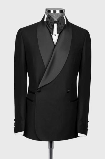 James Fashion Black Double Breasted Mens Shawl Lapel Two Piece Suit_1