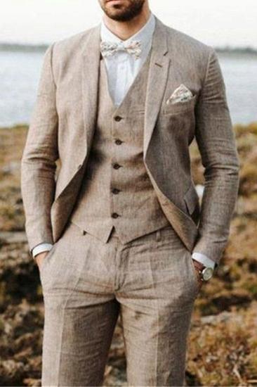 Khaki Linen Summer Beach Mens Classic Suit | 2022 Groom Wedding Tuxedo Set of 3_1