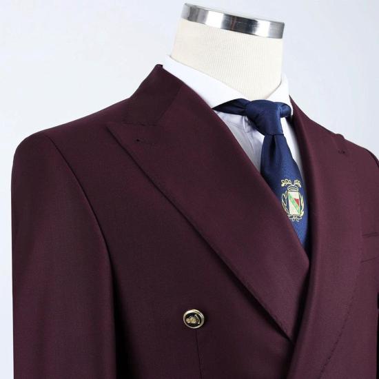 Burgundy double-breasted pointed collar slim-fit men's suit_2