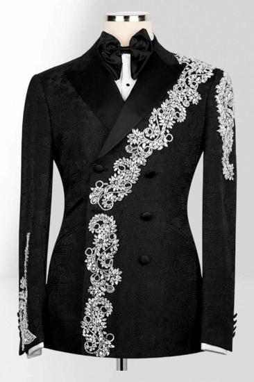 Men's Black Double-Breasted Tuxedo with Silver Embroidery Custom Prom Suit for Weddings & Formal Events