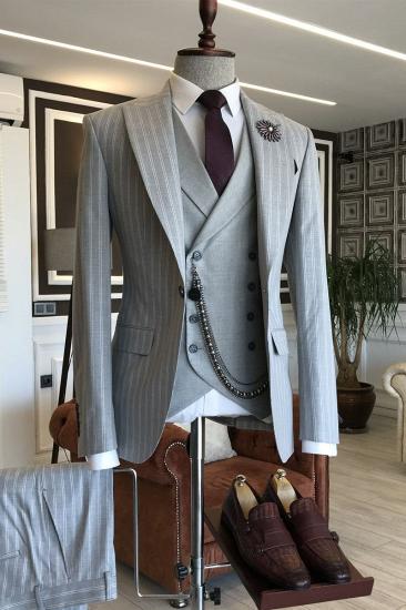 Lucien Newest Grey 3 Piece Striped Point Lapel Business Suit for Men