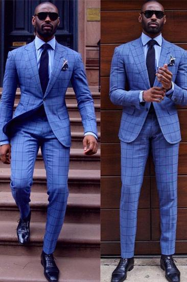 Fashion Blue Plaid Pointed Lapel Two Piece Formal Business Men Suit