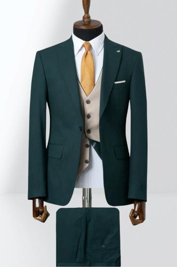 Dark Green Single Breasted Groom Three Piece Wedding Suit With Khaki Vest_1