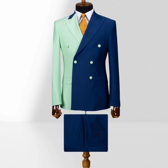 Mint Green And Dark Blue Double Breasted Peak Collar Slim Mens Two Piece Suit_2