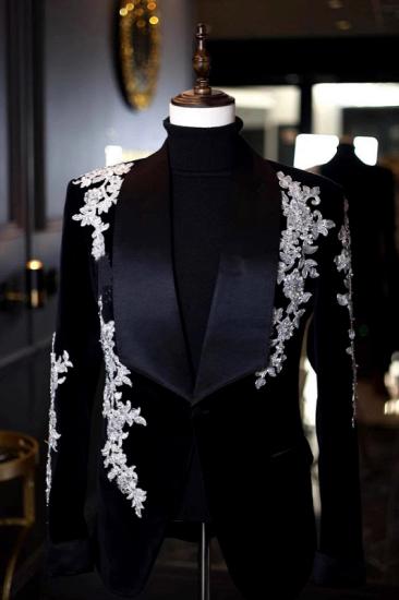 Luxury Black Velvet Tuxedo Jacket with Silver Floral Embroidery for Men - Perfect for Weddings & Prom & Formal Events_1