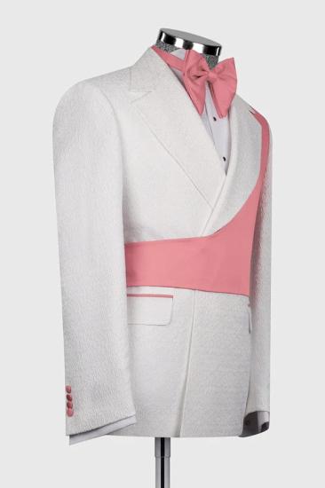 Brady White Jacquard Two Pieces Prom Suits With Pink Crossover Satin Panel_2