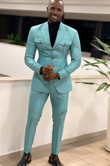 Decent Teal Peaked Lapel Close Fitting Two Prom Suits_1