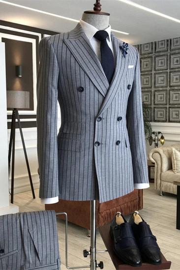 Gray Striped Peaked Lapel Double Breasted Men Business Two Piece Suits_1