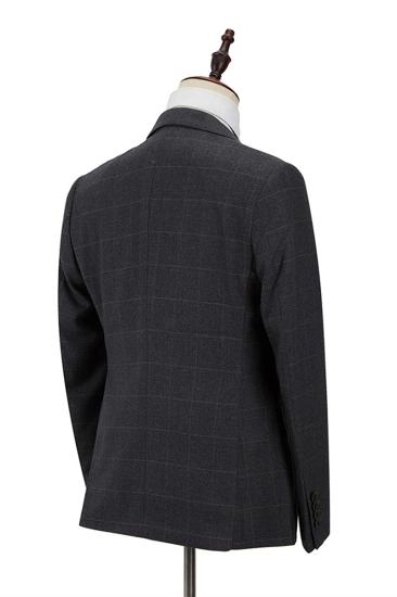 Classic Dark Gray Plaid Peak Lapel 3 Piece Mens Suit with Double Breasted Waistcoat_2