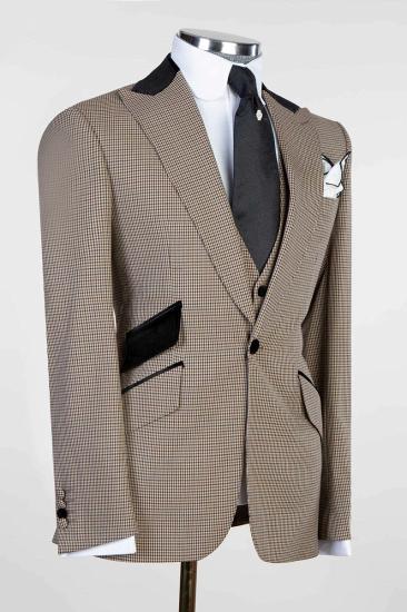 Khaki Plaid Pointed Collar Wool Men's Three Piece Suit with Full Personality | Wedding Suit_2