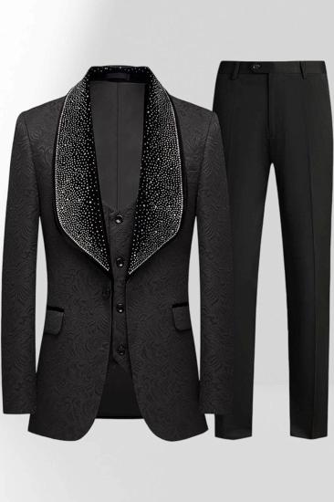 Brady Men's Black 3-Piece Jacquard Suit with Rhinestone Shawl Lapel & Prom Tuxedo_1