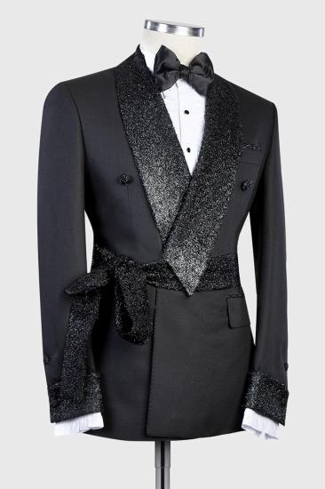 Brady Sparkling Shawl Lapel Double Breasted Black Two Piece Wedding Suit with Belt_2