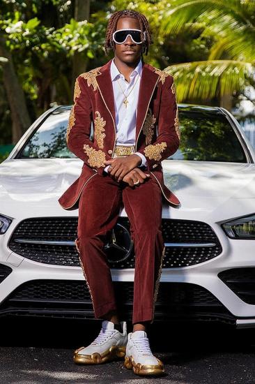 Hyman Handsome Reddish Brown Velvet Notched Lapel Beaded Prom Suit for Men | Formal Tuxedo_1