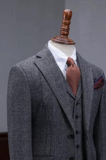 Alvin Fashion Dark Grey Plaid Three Piece Men Business Suit_7