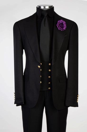 Elegant Black Mens Peak Collar Three Piece Wedding Suit_1