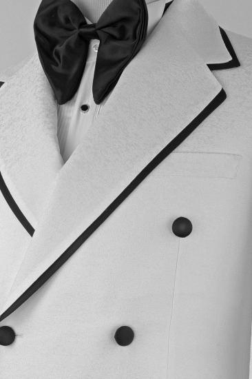 Men’s White Double-Breasted Peak Lapel Jacquard Tuxedo Suit with Black Piping for Wedding & Prom_3